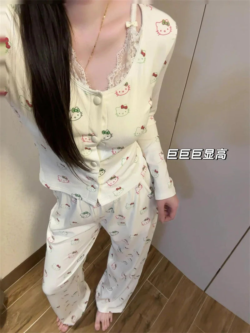 Kawaii Hello Kitty Modal Cotton Lace Long Sleeve Pajama Set Spring Autumn Anime Sanrio Cute Sweet Home Clothes with Chest Pad