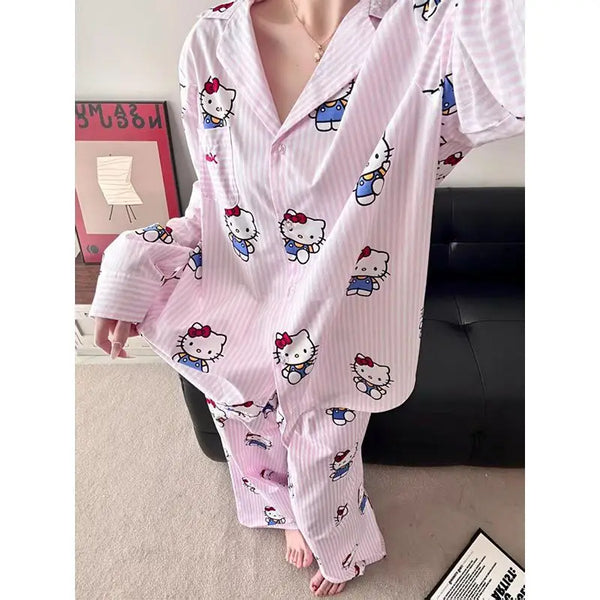 25 Hello Kitty Pink Striped Pajamas Women's Spring&autumn Cloud Cotton Long Sleeve Pants Can Be Wearing Externally Thin Home Set