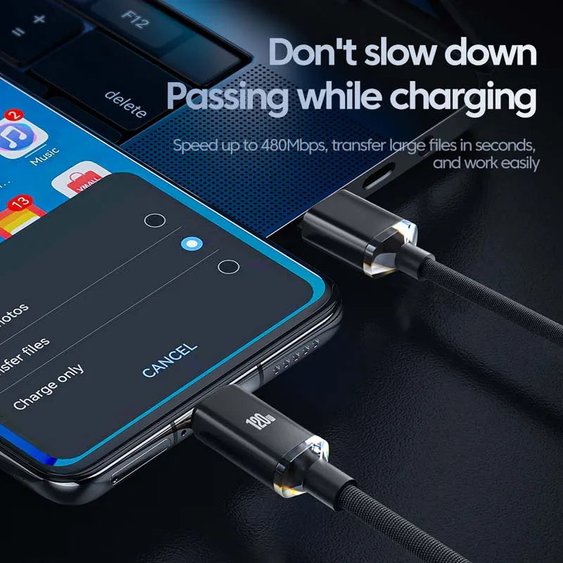 120W USB Type C Fast Charge Cable for iPhone 15 Pro Max Samsung Xiaomi Huawei USB To Type C Data Cord Mobile Phone Charge Cable