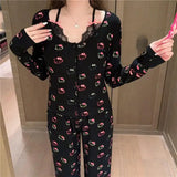 Kawaii Hello Kitty Modal Cotton Lace Long Sleeve Pajama Set Spring Autumn Anime Sanrio Cute Sweet Home Clothes with Chest Pad