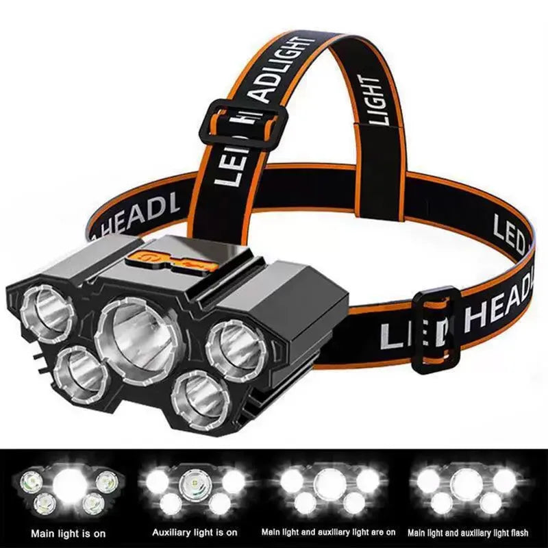 5 LED Flashlight Rechargeable with Built in 18650 Battery Strong Light Camping Adventure Fishing Head Light Headlamp