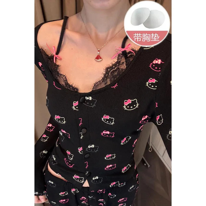 Kawaii Hello Kitty Modal Cotton Lace Long Sleeve Pajama Set Spring Autumn Anime Sanrio Cute Sweet Home Clothes with Chest Pad