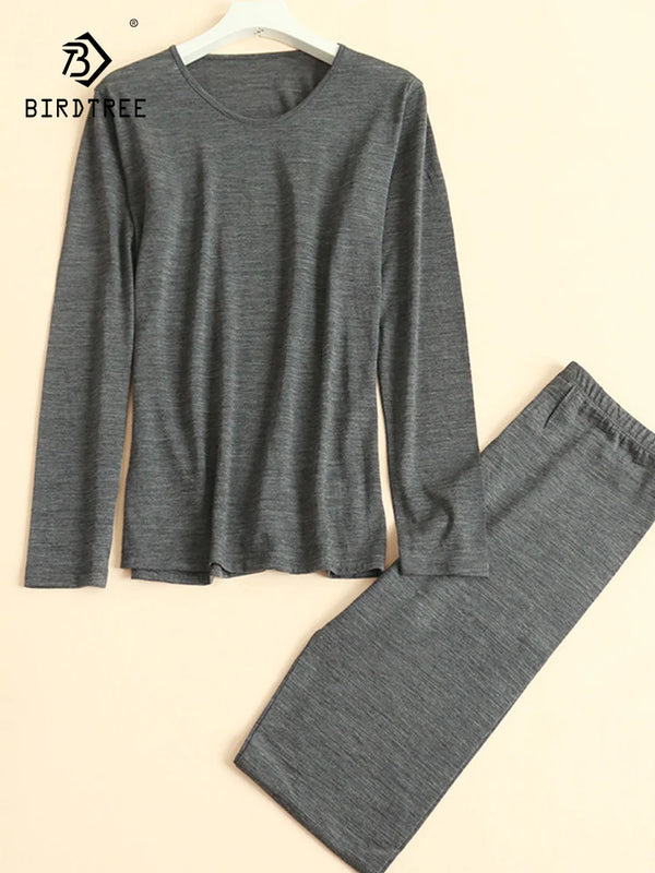 Birdtree 100% Wool Solid Warm Underwear Set Women's Autumn Clothes Autumn Trousers Set Shirt Leggings Autumn Winter New S30389QC