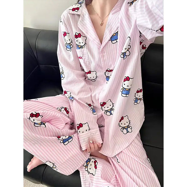 25 Hello Kitty Pink Striped Pajamas Women's Spring&autumn Cloud Cotton Long Sleeve Pants Can Be Wearing Externally Thin Home Set