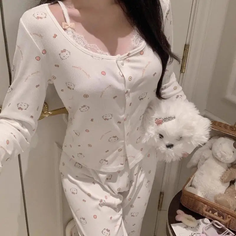 Kawaii Hello Kitty Modal Cotton Lace Long Sleeve Pajama Set Spring Autumn Anime Sanrio Cute Sweet Home Clothes with Chest Pad