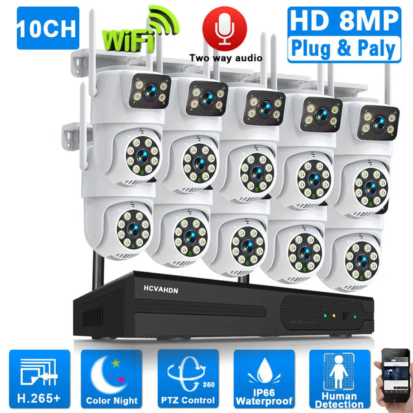 10CH Wireless 8MP Wireless Dual Lens PTZ WIFI IP Security Camera System Set Auto Tracking 8CH Wifi NVR Video Surveillance System