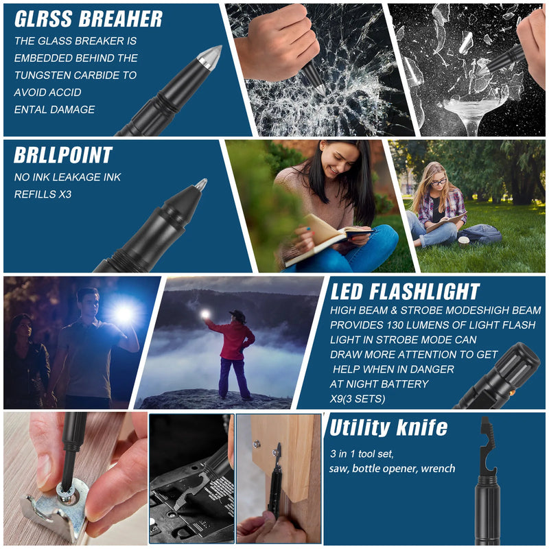 10-In-1 Self Defense Tactical Pen Emergency Flashlight Screwdriver Bottle Opener Window Breaker Outdoor Survival EDC Tool Gift