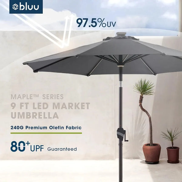 BLUU MAPLE 9 FT Outdoor Solar Patio Umbrella LED Table Umbrellas with 16 LED Strip Lights & Hub Light, Aluminum Frame