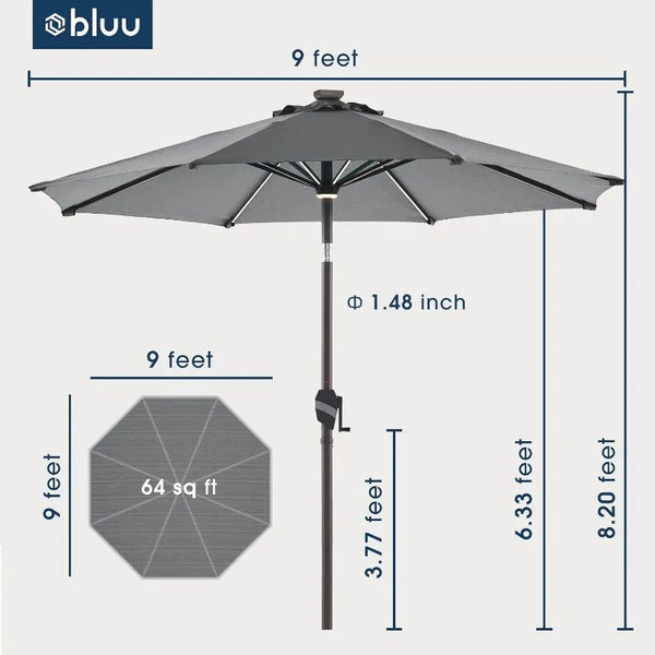 BLUU MAPLE 9 FT Outdoor Solar Patio Umbrella LED Table Umbrellas with 16 LED Strip Lights & Hub Light, Aluminum Frame