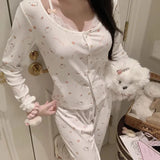 Kawaii Hello Kitty Modal Cotton Lace Long Sleeve Pajama Set Spring Autumn Anime Sanrio Cute Sweet Home Clothes with Chest Pad